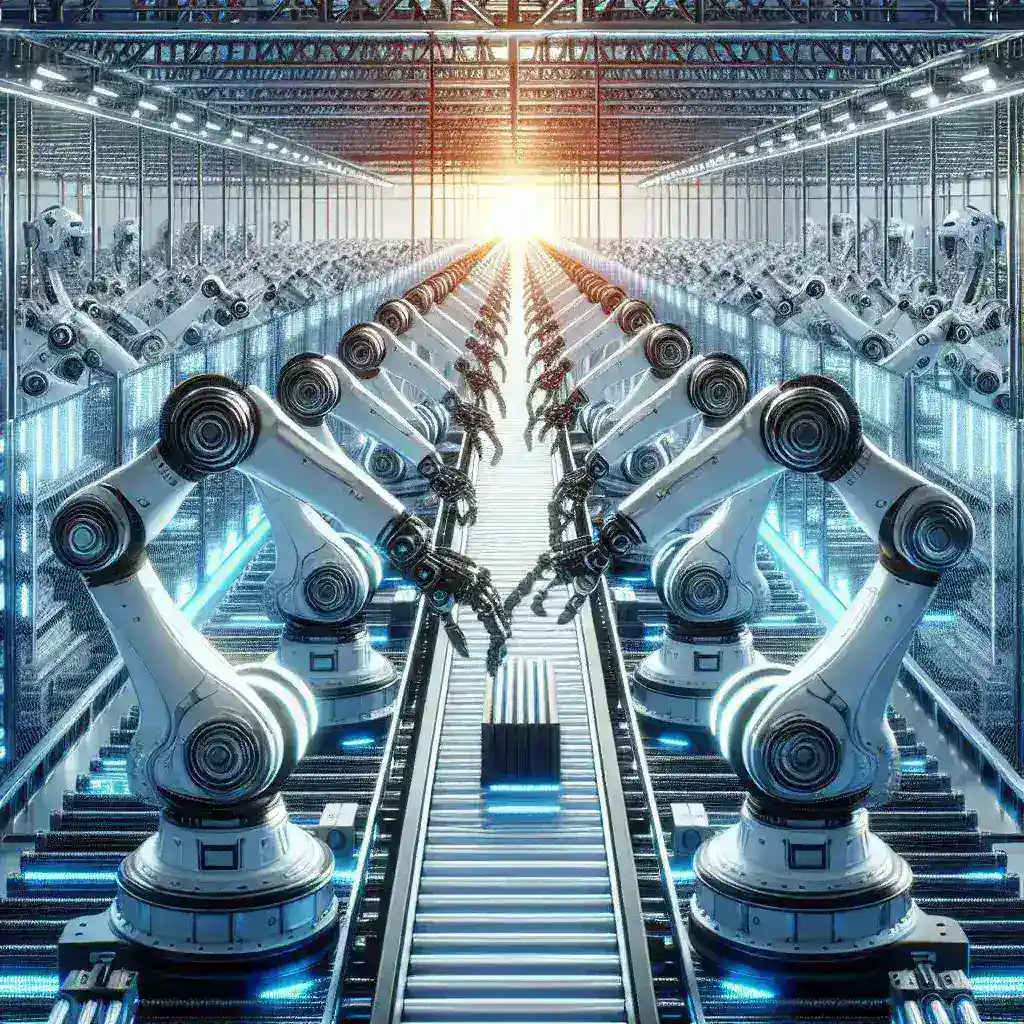 "Robotics engineers at a technology firm testing advanced robotic arms designed for warehouse automation, showcasing human-like dexterity in picking and sorting items."