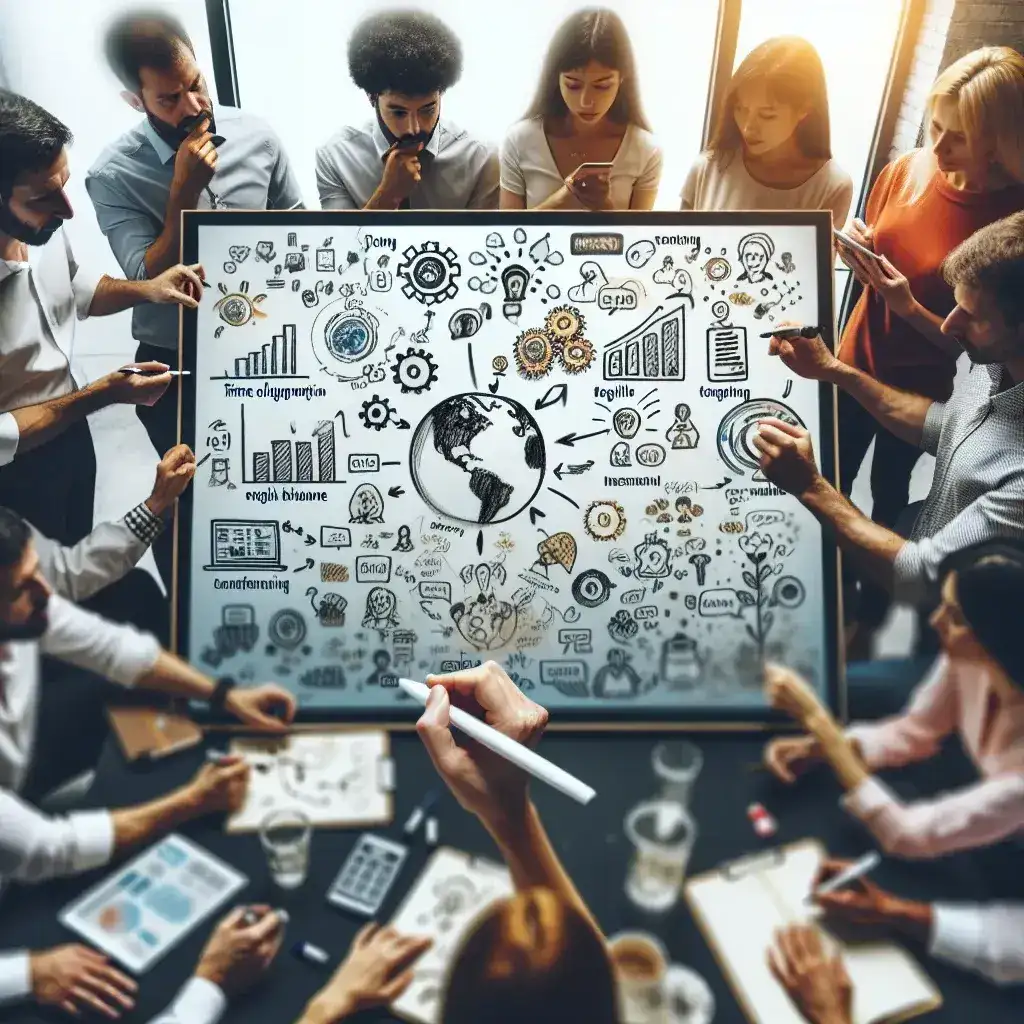 "Team members using a digital whiteboard for real-time collaboration in a remote work setting, highlighting the effectiveness of online tools for teamwork and brainstorming."